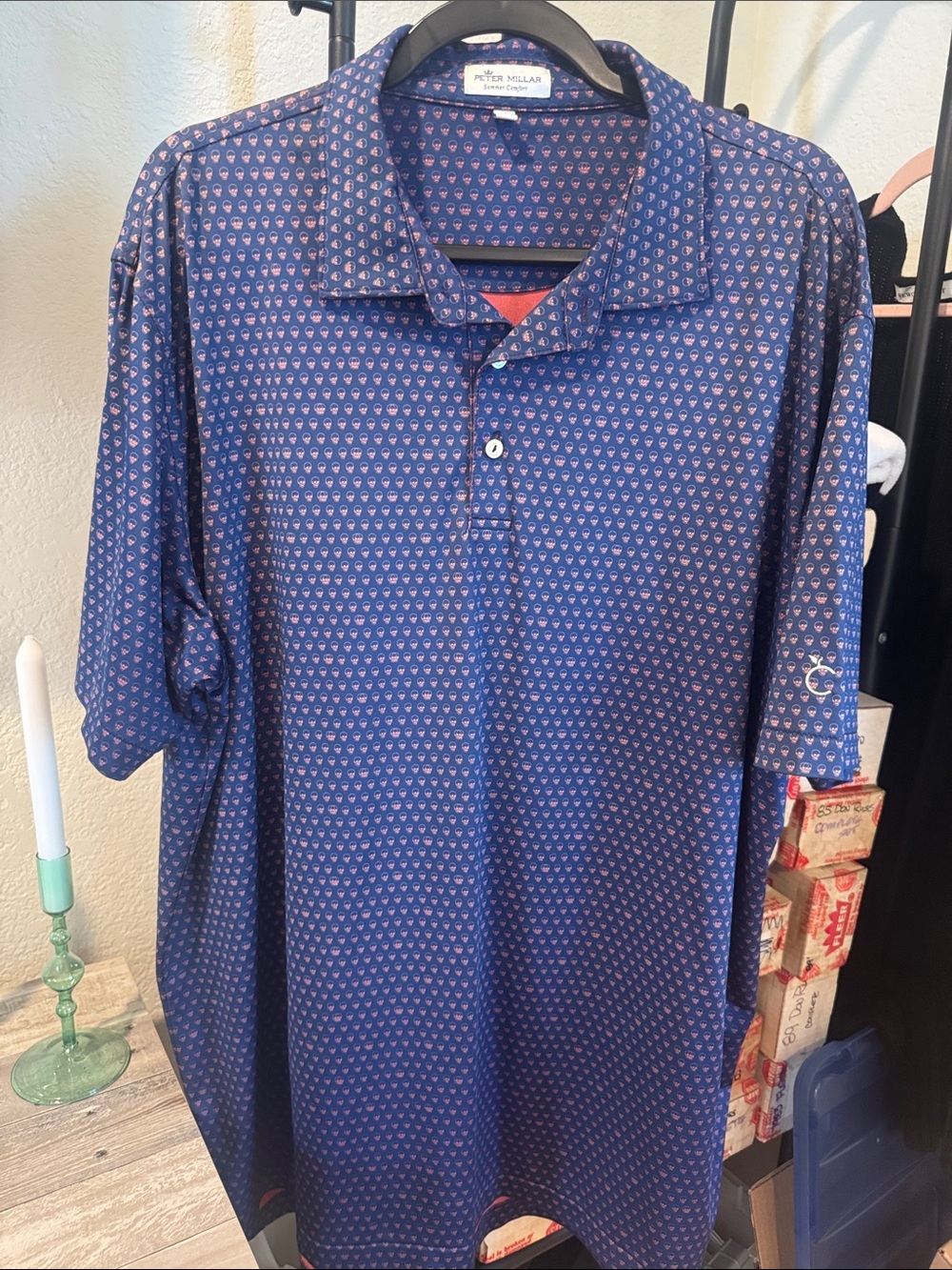 Peter Millar Navy Polo with Small Red Geometric Print